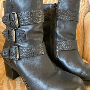 Clarks Black Leather Buckle Low-Calf Boots